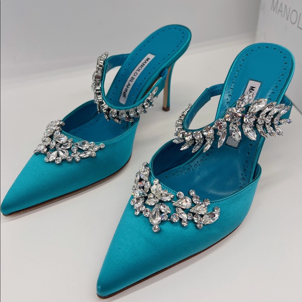 Manolo Blahnik Lurum Embellished Satin Mules